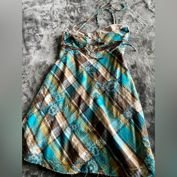 Strap back, mini cotton dress in blue and brown size M - Picture 3 of 6